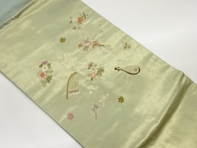 花鳥に楽器・蝶模様刺繍名古屋帯